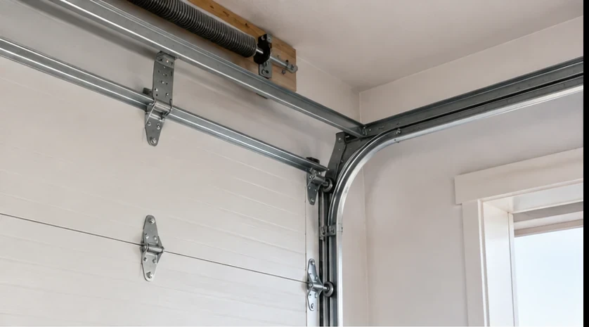 Garage door track curve, rollers, hinges, and torsion spring hardware on a sectional door for repair inspection